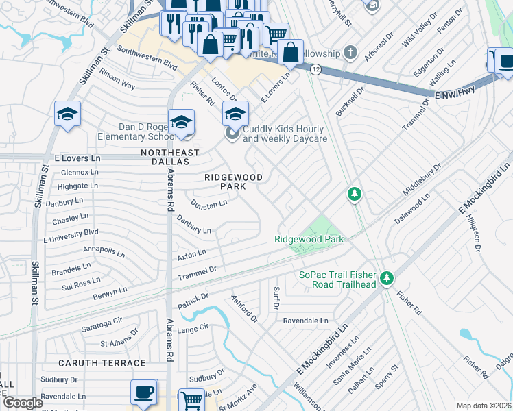 map of restaurants, bars, coffee shops, grocery stores, and more near 6631 Ridgemont Drive in Dallas