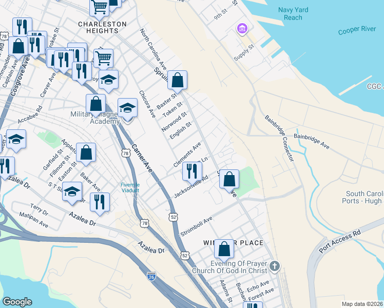 map of restaurants, bars, coffee shops, grocery stores, and more near 1937 Clements Avenue in North Charleston