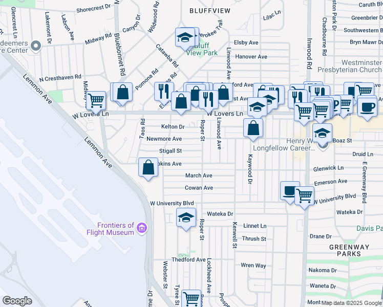 map of restaurants, bars, coffee shops, grocery stores, and more near 4614 Stigall Street in Dallas