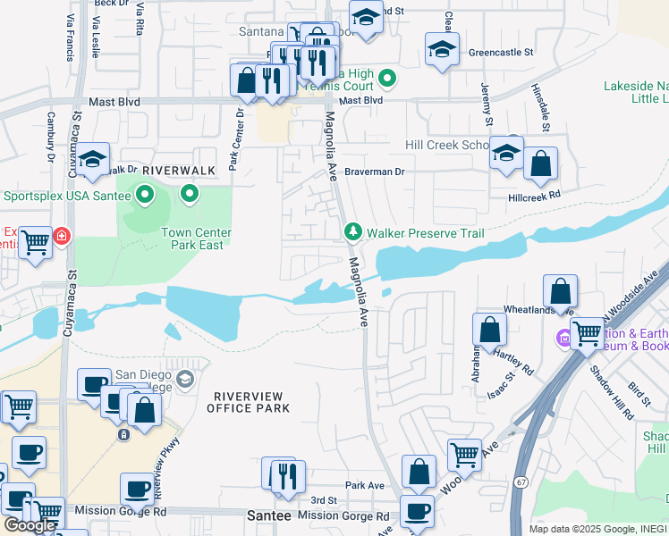 map of restaurants, bars, coffee shops, grocery stores, and more near 10349 River Bluff Drive in Santee