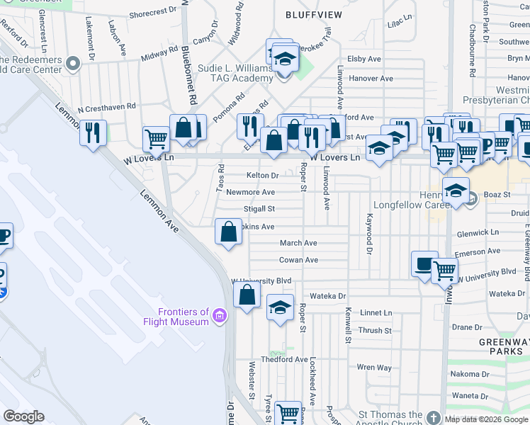 map of restaurants, bars, coffee shops, grocery stores, and more near 4522 Stigall Street in Dallas