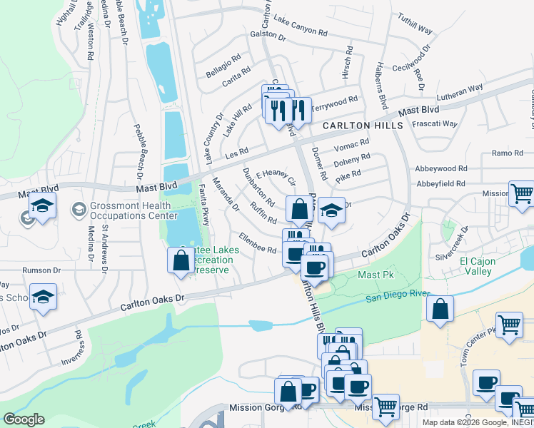 map of restaurants, bars, coffee shops, grocery stores, and more near 9248 Ruffin Road in Santee