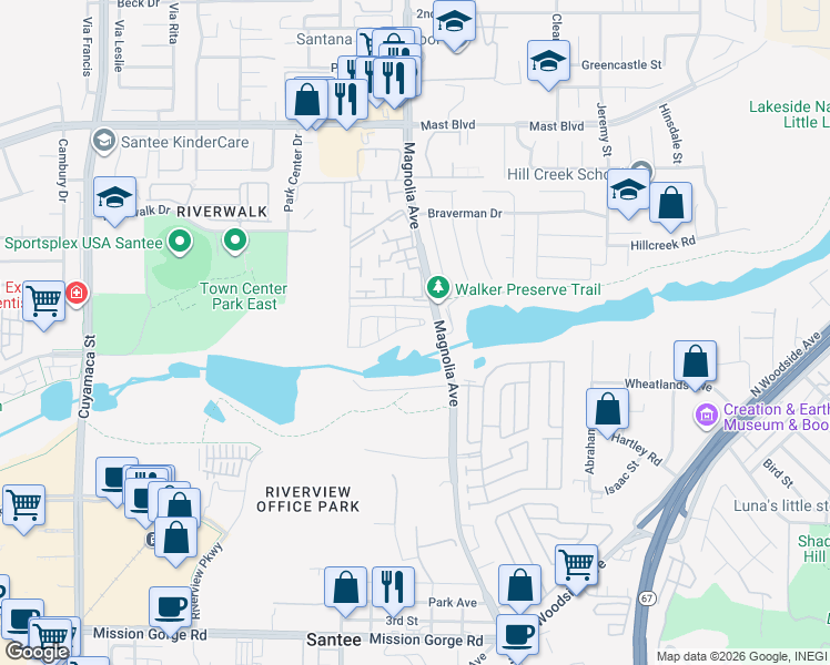 map of restaurants, bars, coffee shops, grocery stores, and more near 10349 River Bluff Drive in Santee