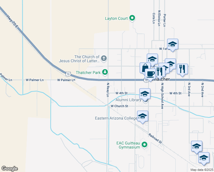map of restaurants, bars, coffee shops, grocery stores, and more near 41 North Reay Lane in Thatcher