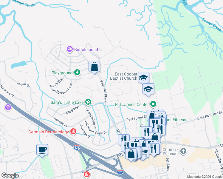 map of restaurants, bars, coffee shops, grocery stores, and more near 256 Mossy Oak Way in Mount Pleasant