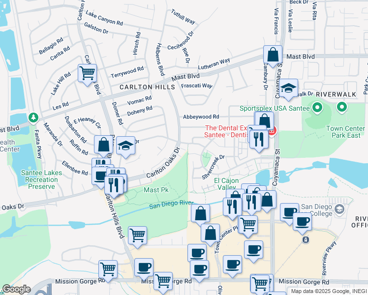 map of restaurants, bars, coffee shops, grocery stores, and more near 9469 Carlton Oaks Drive in Santee