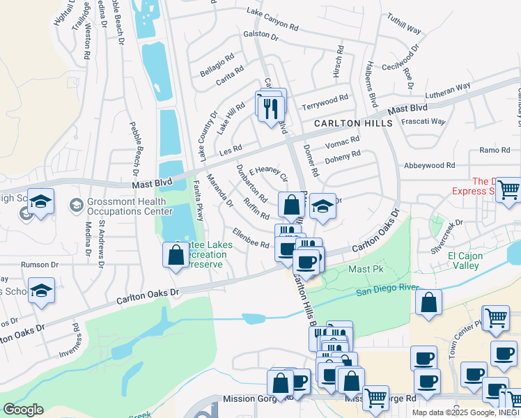 map of restaurants, bars, coffee shops, grocery stores, and more near 9248 Ruffin Road in Santee