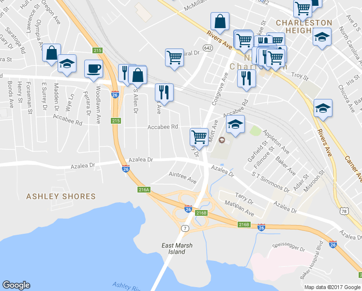 map of restaurants, bars, coffee shops, grocery stores, and more near 2240 Suffolk Street in North Charleston