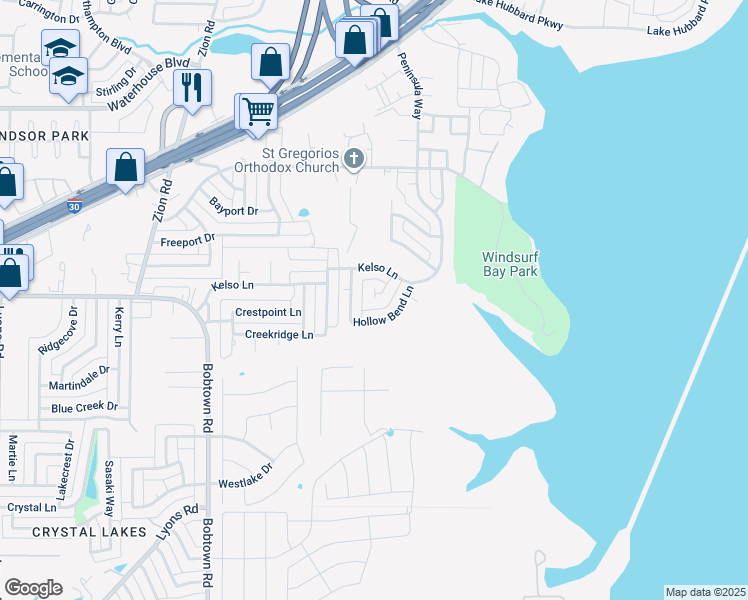 map of restaurants, bars, coffee shops, grocery stores, and more near 3658 Anchor Cove Circle in Garland