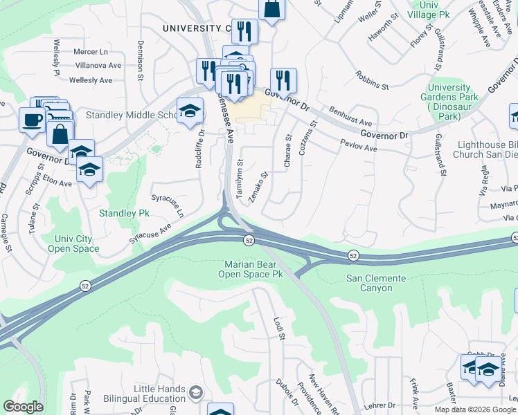 map of restaurants, bars, coffee shops, grocery stores, and more near 3911 Zenako Street in San Diego