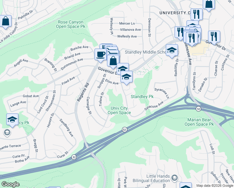 map of restaurants, bars, coffee shops, grocery stores, and more near 5918 Eton Court in San Diego