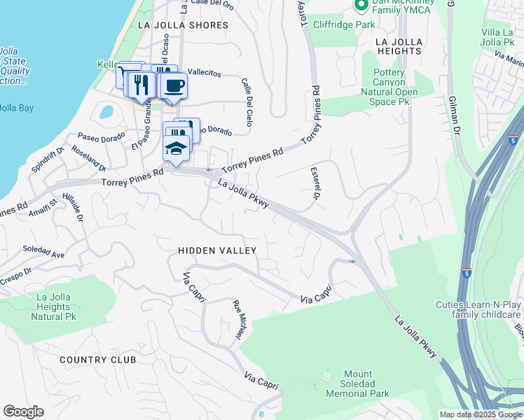 map of restaurants, bars, coffee shops, grocery stores, and more near 2523 Ardath Road in San Diego