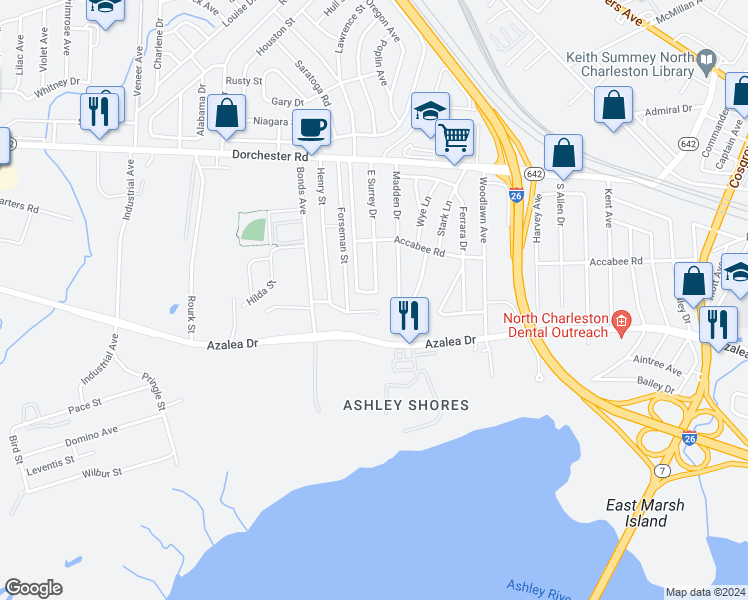 map of restaurants, bars, coffee shops, grocery stores, and more near 2769 East Surrey Drive in North Charleston
