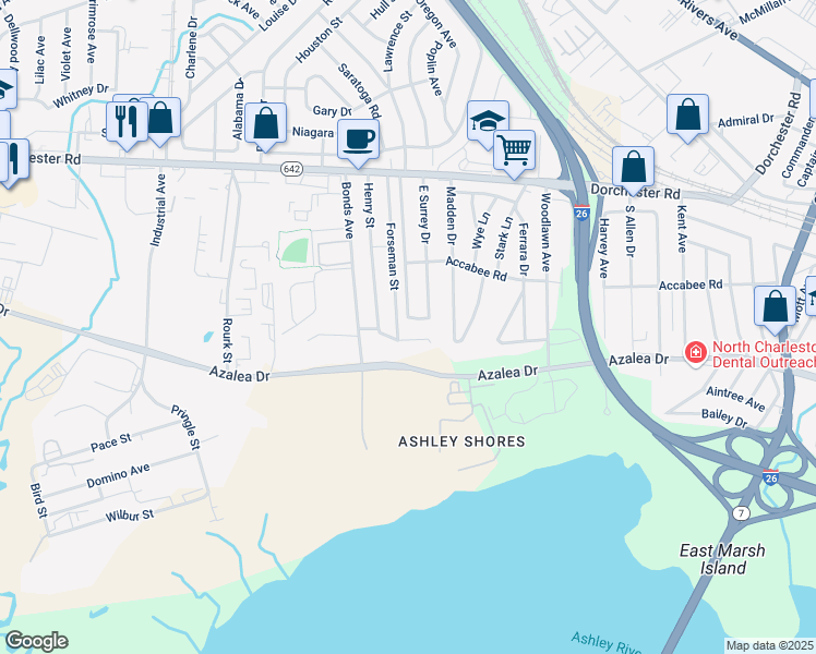 map of restaurants, bars, coffee shops, grocery stores, and more near 2744 Forseman Street in North Charleston