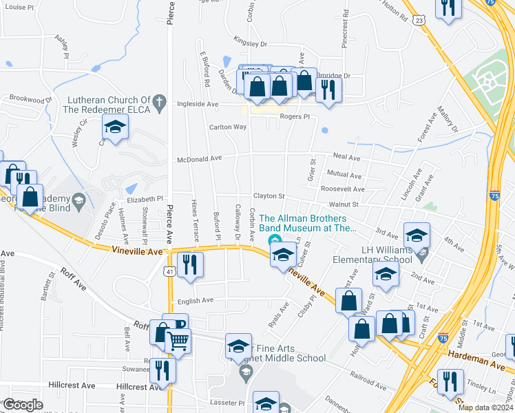 map of restaurants, bars, coffee shops, grocery stores, and more near 2340 Clayton Street in Macon