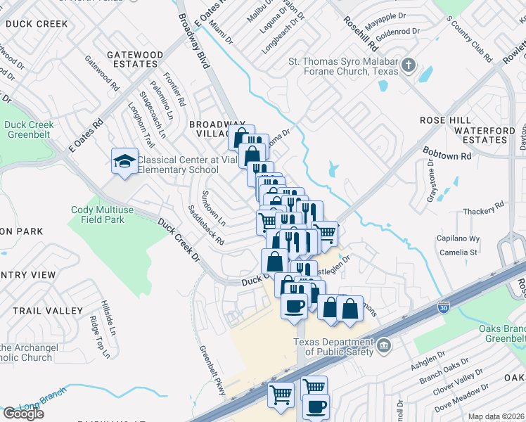 map of restaurants, bars, coffee shops, grocery stores, and more near 5475 Robin Road in Garland