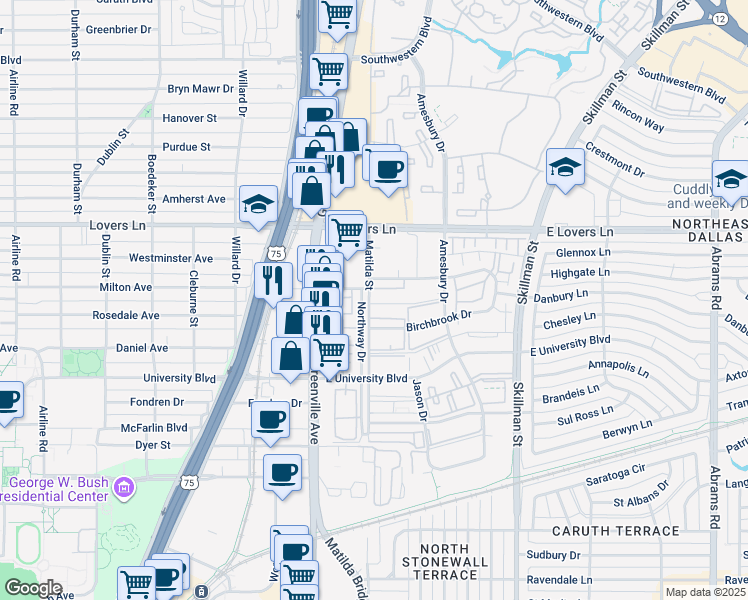 map of restaurants, bars, coffee shops, grocery stores, and more near 5198 Matilda Street in Dallas