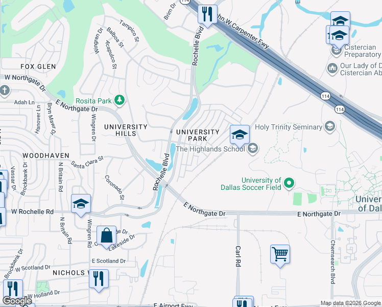 map of restaurants, bars, coffee shops, grocery stores, and more near 3214 University Park Lane in Irving