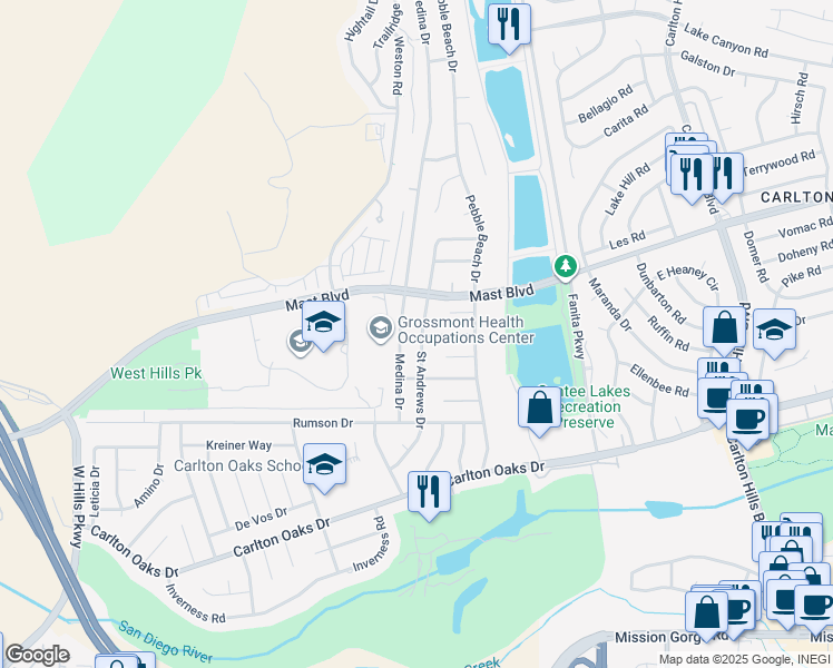 map of restaurants, bars, coffee shops, grocery stores, and more near 9502 Saint Andrews Drive in Santee