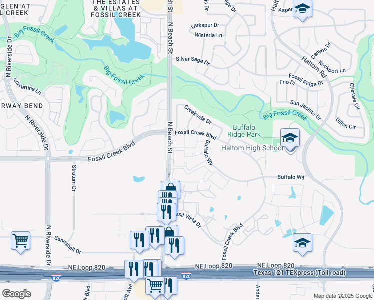 map of restaurants, bars, coffee shops, grocery stores, and more near 5001 Fossil Hill Apartment in Haltom City
