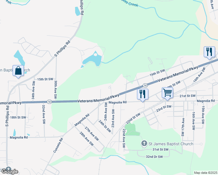 map of restaurants, bars, coffee shops, grocery stores, and more near 1612 23rd Avenue Southwest in Lanett