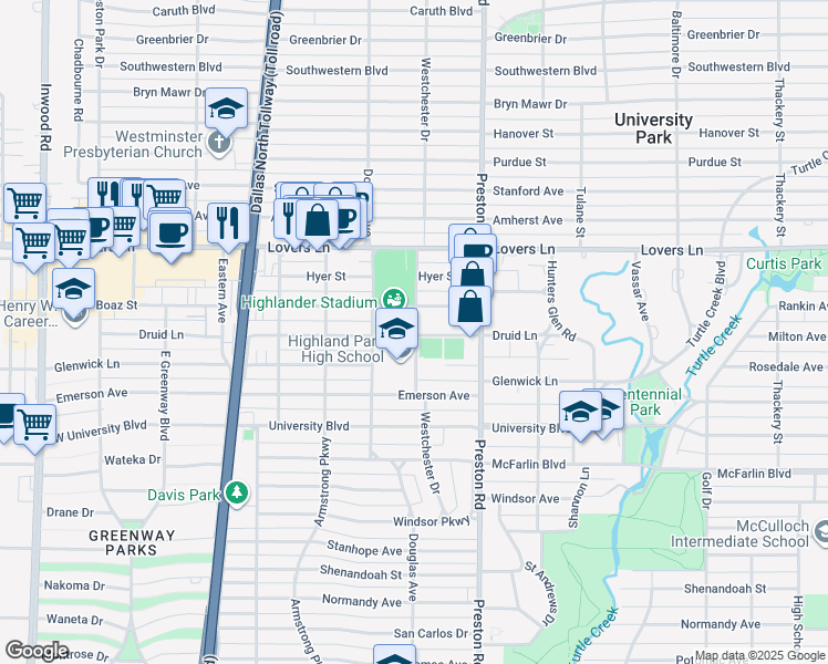 map of restaurants, bars, coffee shops, grocery stores, and more near 238 Westchester Drive in Dallas