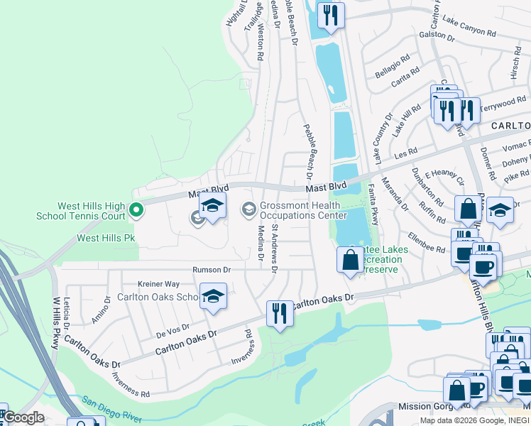 map of restaurants, bars, coffee shops, grocery stores, and more near 9502 Saint Andrews Drive in Santee
