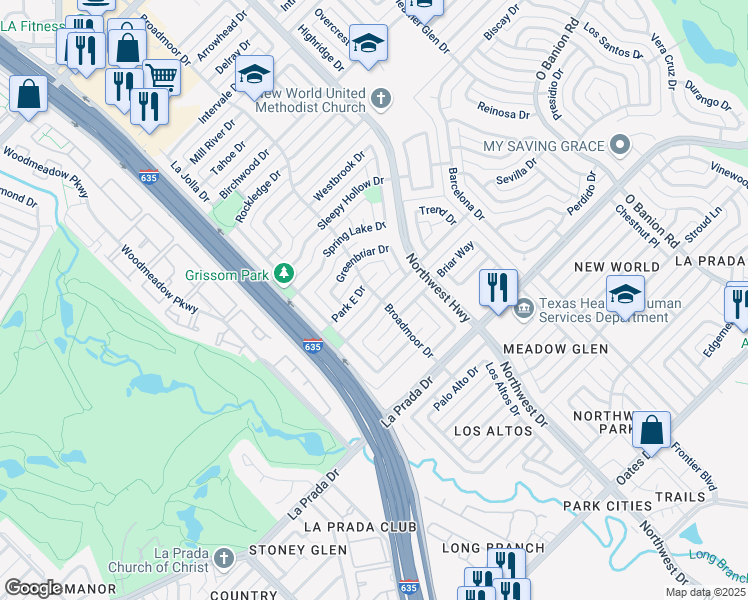map of restaurants, bars, coffee shops, grocery stores, and more near 921 Ravencroft Drive in Garland