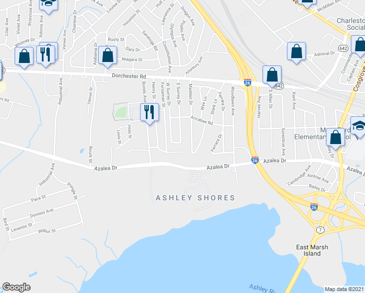 map of restaurants, bars, coffee shops, grocery stores, and more near 2769 East Surrey Drive in North Charleston