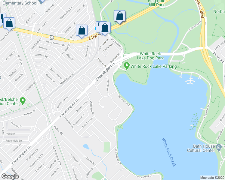 map of restaurants, bars, coffee shops, grocery stores, and more near 7515 Kimberly Lane in Dallas