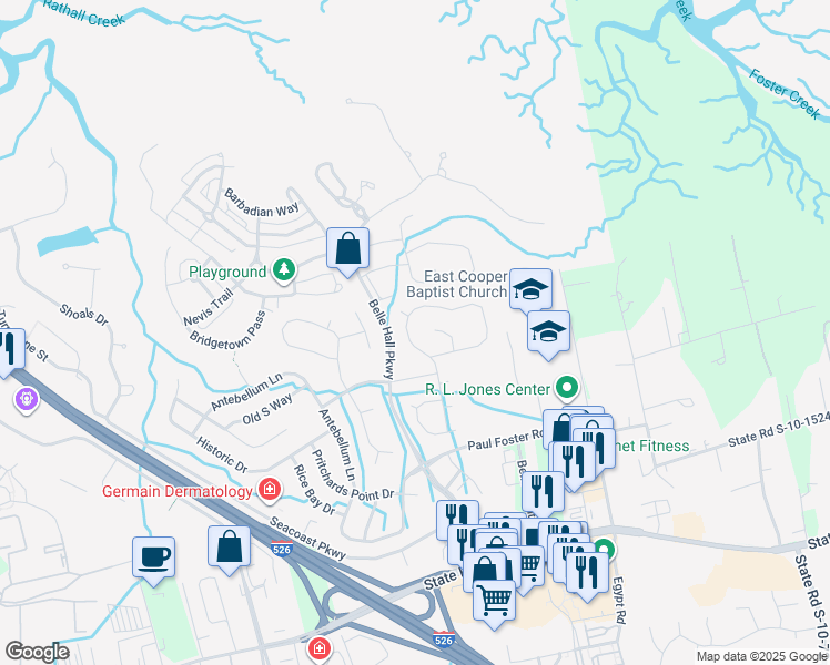 map of restaurants, bars, coffee shops, grocery stores, and more near 267 Mossy Oak Way in Mount Pleasant