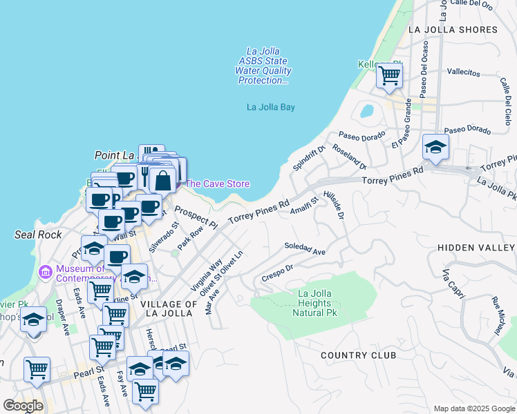 map of restaurants, bars, coffee shops, grocery stores, and more near 1624 Torrey Pines Road in San Diego