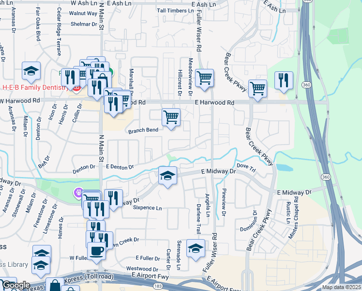 map of restaurants, bars, coffee shops, grocery stores, and more near 411 Stage Line Dr in Euless