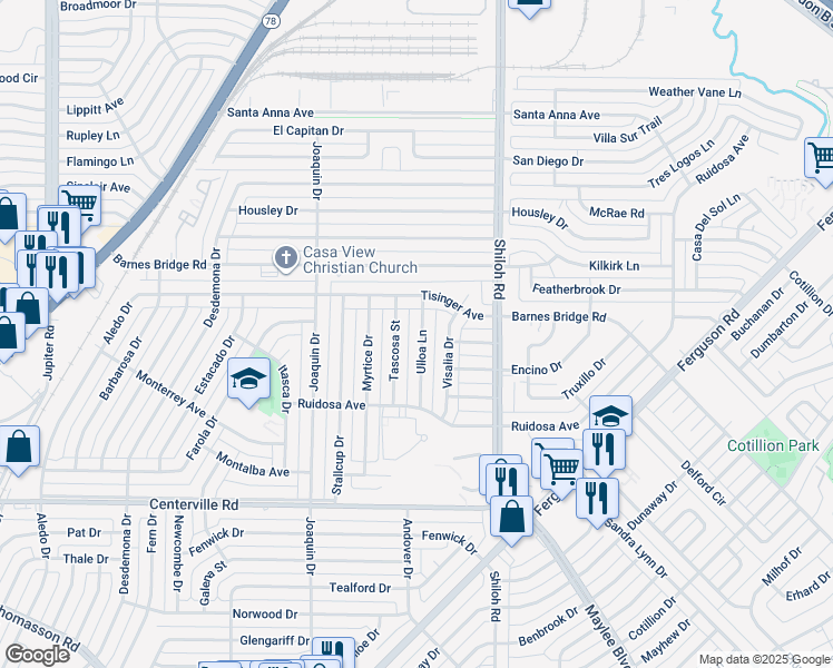 map of restaurants, bars, coffee shops, grocery stores, and more near 11211 Ulloa Lane in Dallas