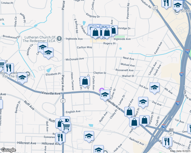 map of restaurants, bars, coffee shops, grocery stores, and more near 191 Corbin Avenue in Macon