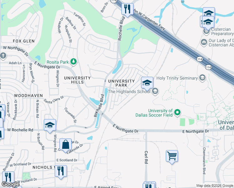 map of restaurants, bars, coffee shops, grocery stores, and more near 3214 University Park Lane in Irving