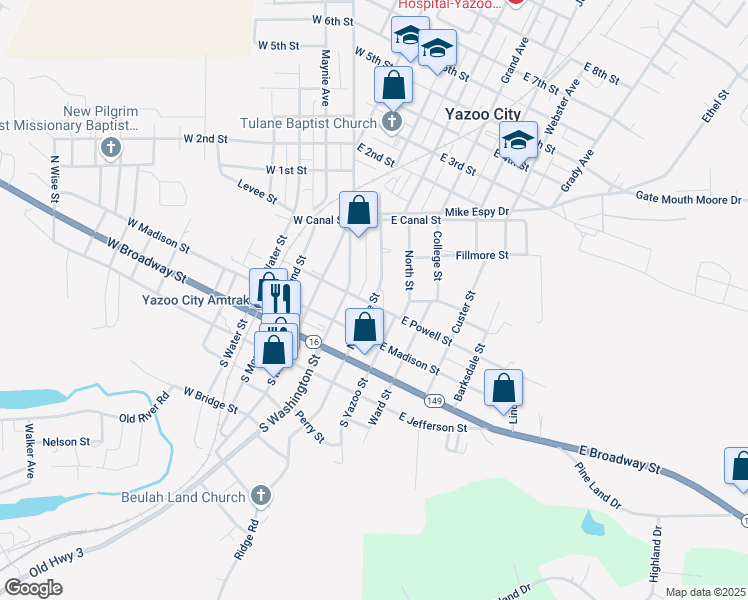 map of restaurants, bars, coffee shops, grocery stores, and more near 308 North Monroe Street in Yazoo City