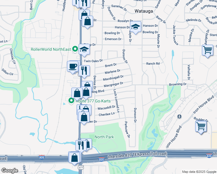 map of restaurants, bars, coffee shops, grocery stores, and more near 5636 Macgregor Drive in Haltom City