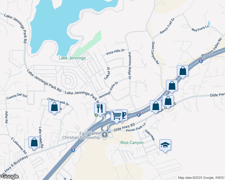 map of restaurants, bars, coffee shops, grocery stores, and more near 14211 Jennings Vista Drive in Lakeside