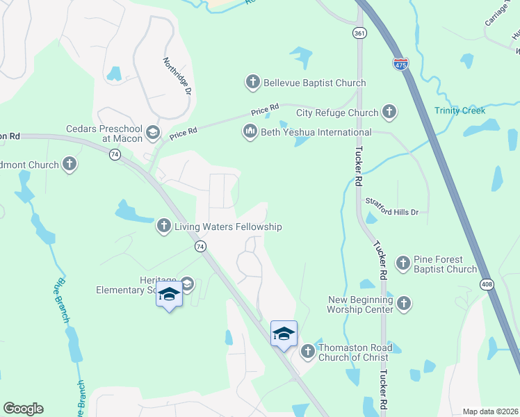 map of restaurants, bars, coffee shops, grocery stores, and more near 256 York Lane in Macon