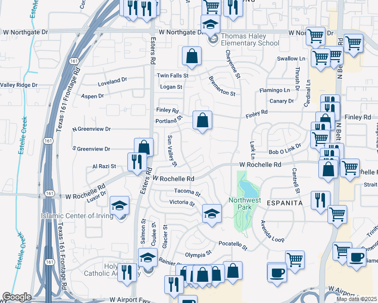 map of restaurants, bars, coffee shops, grocery stores, and more near 3925 Boise Court in Irving