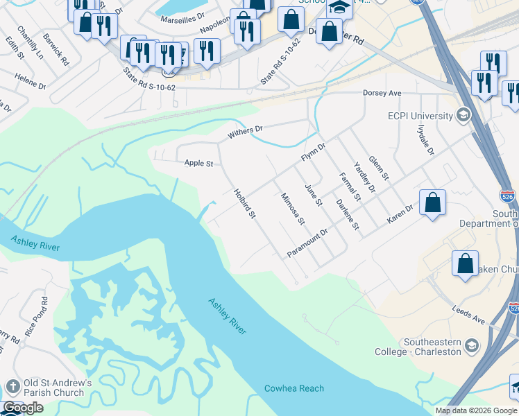 map of restaurants, bars, coffee shops, grocery stores, and more near 4684 Holbird Street in North Charleston