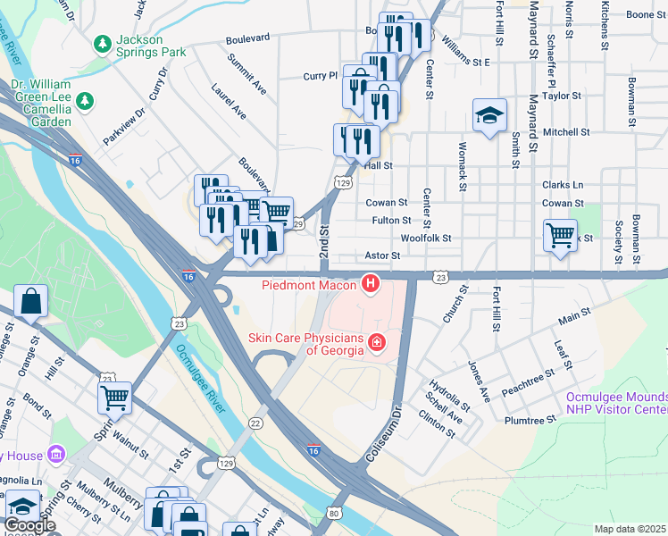 map of restaurants, bars, coffee shops, grocery stores, and more near 310 Emery Highway in Macon