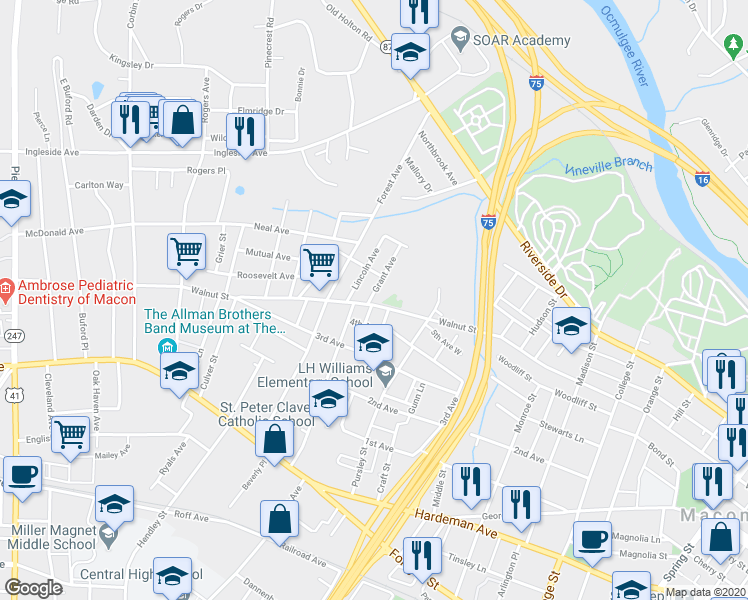 map of restaurants, bars, coffee shops, grocery stores, and more near 305 Grant Avenue in Macon