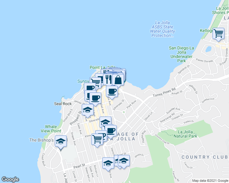 map of restaurants, bars, coffee shops, grocery stores, and more near 1237 Roslyn Lane in San Diego