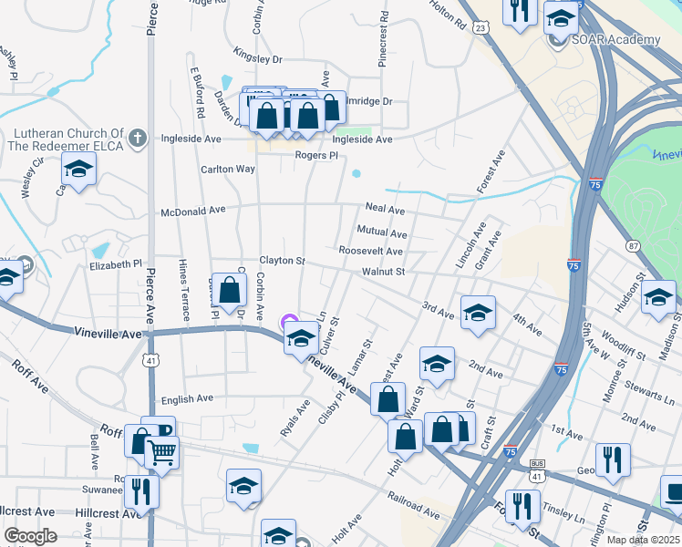 map of restaurants, bars, coffee shops, grocery stores, and more near 2226 Clayton St in Macon