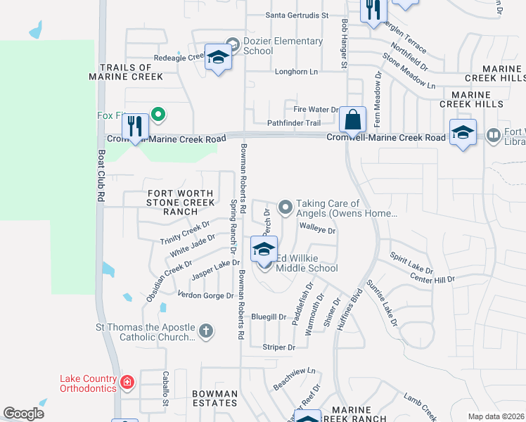 map of restaurants, bars, coffee shops, grocery stores, and more near 6141 Perch Drive in Fort Worth