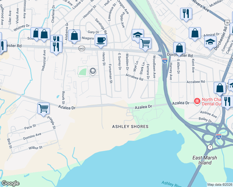 map of restaurants, bars, coffee shops, grocery stores, and more near 2769 East Surrey Drive in North Charleston