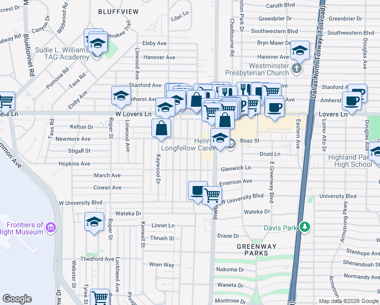 map of restaurants, bars, coffee shops, grocery stores, and more near 7602 Morton St in Dallas