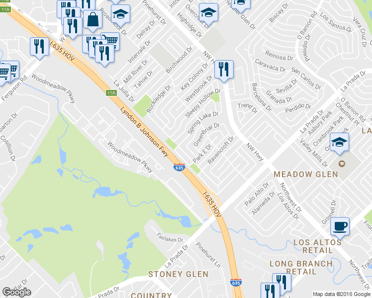 map of restaurants, bars, coffee shops, grocery stores, and more near 1410 Park East Drive in Garland